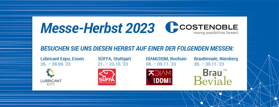 Auf diesen Messen ist Costenoble diesen Herbst vertreten: Lubricant Expo, Süffa, DIAM, BrauBeviale